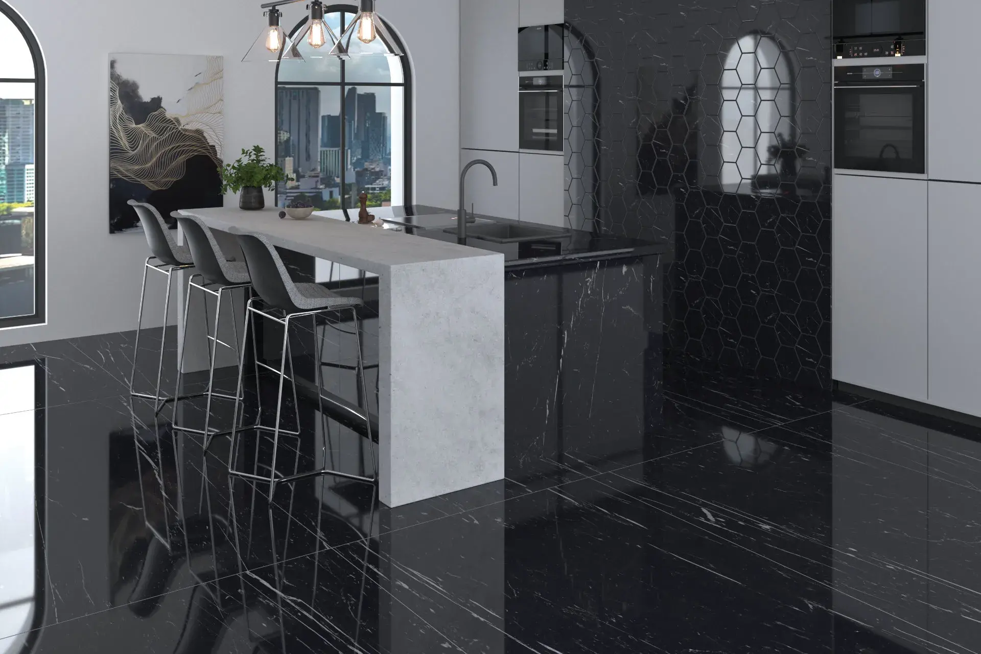 lucca nero azulejos marmol negro para cocina